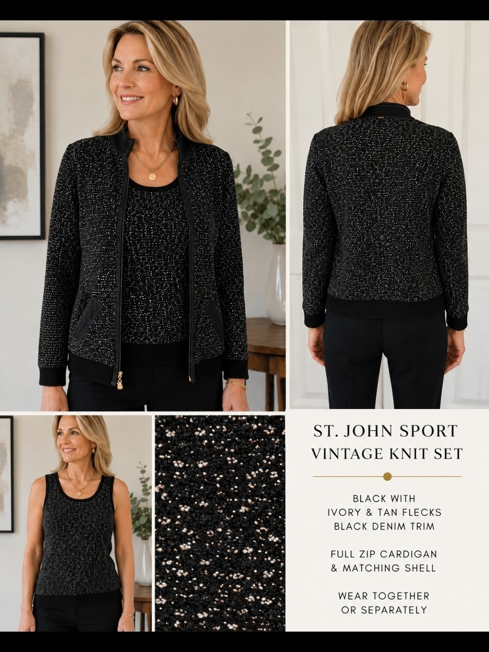 St John Sport Vintage Wool Blend Zip Cardigan Shell Set Black Flecked Size P/S - Picture 15 of 15